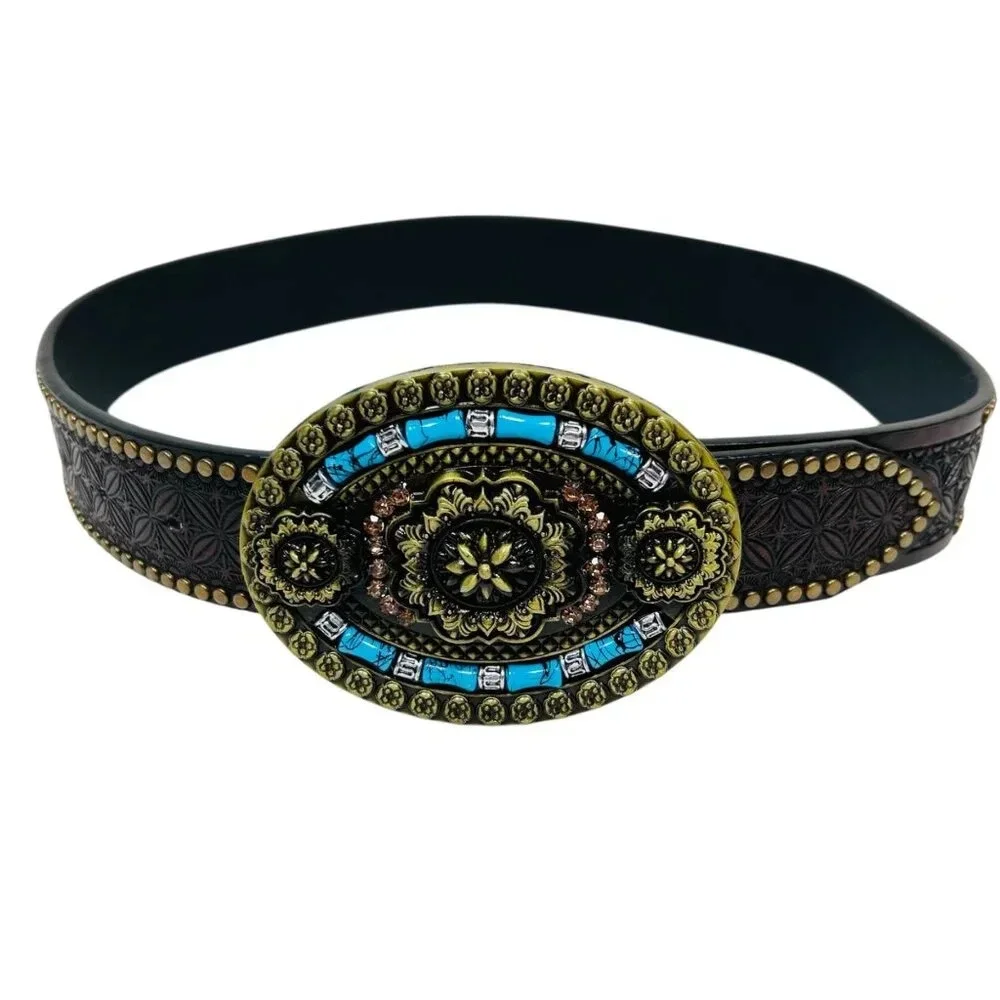 Kids Belt Faux Leather Turquoise Silver Buckle Detail